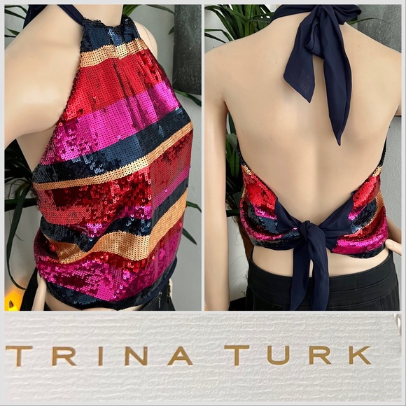 Trina Turk Colorful Sparkly Sequin Open Back Halter Top - Picture 9 of 9